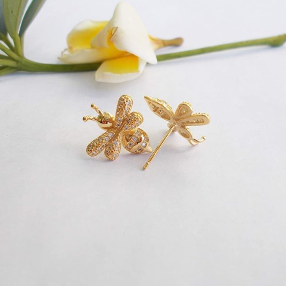14k Gold Queen Bee Diamonds Stud Earrings Sterling Silver - Picture 3 of 12